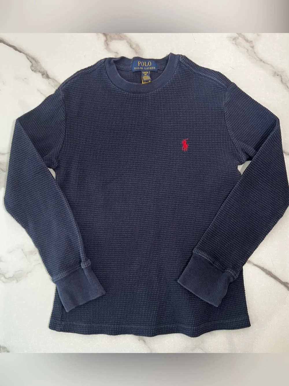 Polo Ralph Lauren Boys Navy Waffle-Knit Pullover thermal sweater size 8 small